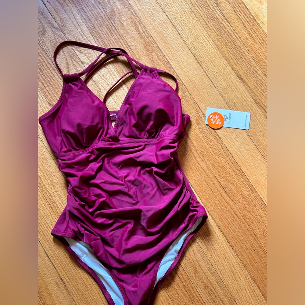 Charmo V Neck Tummy Control Criss Cross Light One-Piece Swimsuit NWT Small